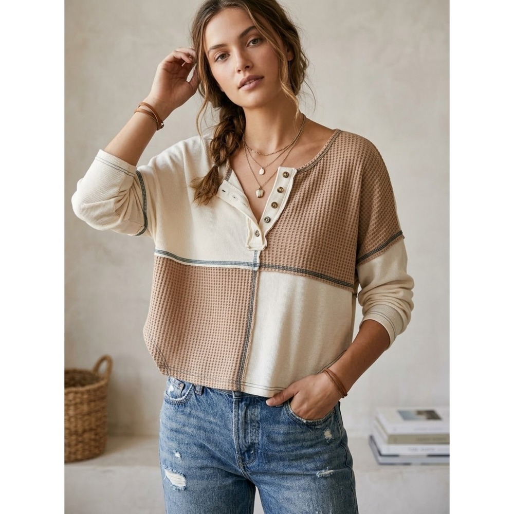 POL Tan Beige Oatmeal Cream Waffle Knit Colorblock Henley Top S Neutral Boho
